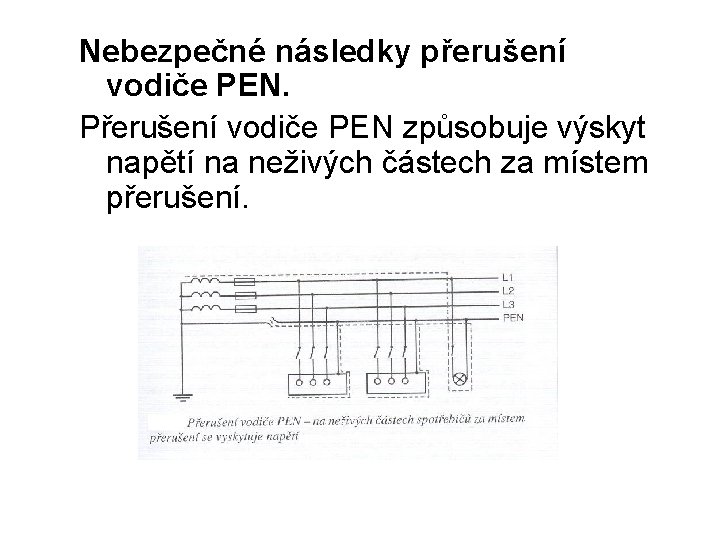 Nebezpečné následky přerušení vodiče PEN. Přerušení vodiče PEN způsobuje výskyt napětí na neživých částech