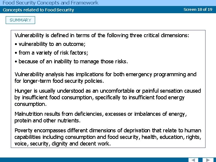 Food Security Concepts and Framework Concepts related to Food Security Screen 18 of 19
