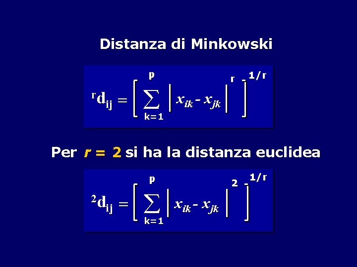 Distanza di Minkowski p rd ij = r 1/r xik - xjk k=1 Per