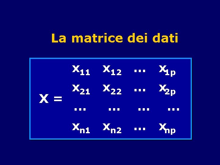 La matrice dei dati X= x 11 x 12 … x 1 p x