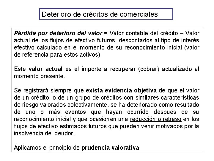 Deterioro de créditos de comerciales Pérdida por deterioro del valor = Valor contable del