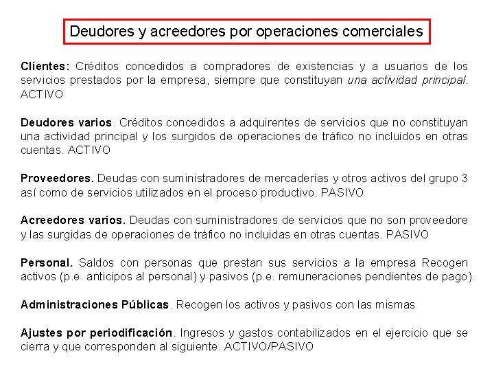 Deudores y acreedores por operaciones comerciales Clientes: Créditos concedidos a compradores de existencias y