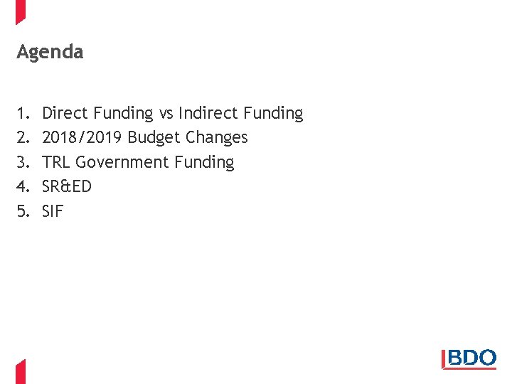 Agenda 1. 2. 3. 4. 5. Direct Funding vs Indirect Funding 2018/2019 Budget Changes