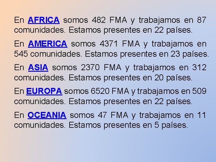 En AFRICA somos 482 FMA y trabajamos en 87 comunidades. Estamos presentes en 22