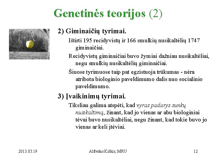 Genetinės teorijos (2) 2) Giminaičių tyrimai. Ištirti 195 recidyvistų ir 166 smulkių nusikaltėlių 1747