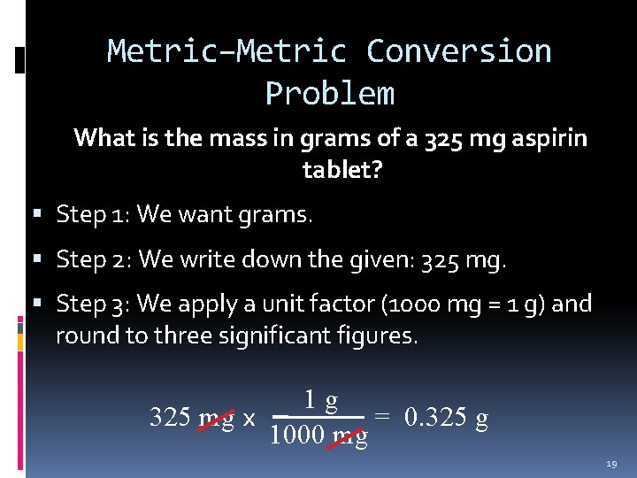 Metric–Metric Conversion Problem What is the mass in grams of a 325 mg aspirin