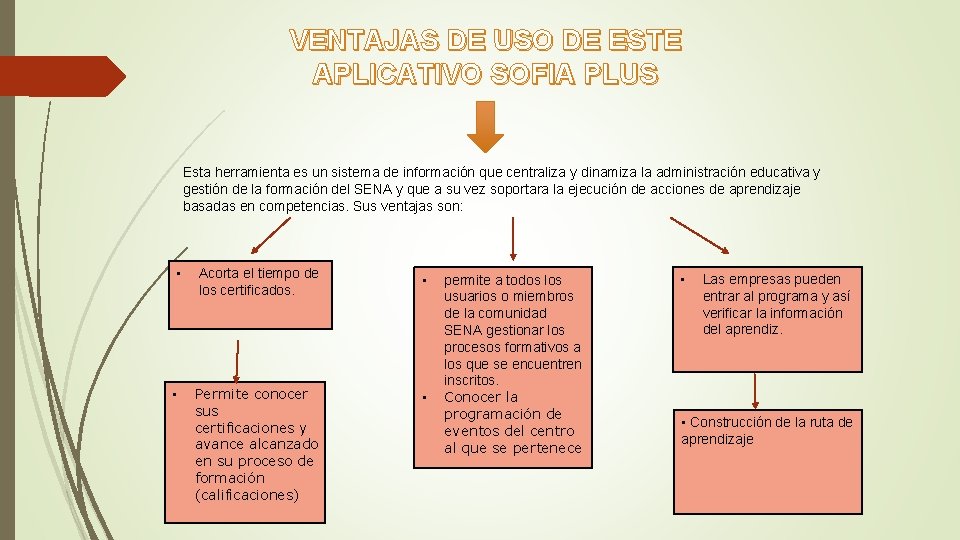 VENTAJAS DE USO DE ESTE APLICATIVO SOFIA PLUS Esta herramienta es un sistema de VENTAJAS DE USO DE ESTE APLICATIVO SOFIA PLUS Esta herramienta es un sistema de