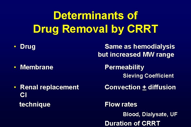 Determinants of Drug Removal by CRRT • Drug • Membrane Same as hemodialysis but Determinants of Drug Removal by CRRT • Drug • Membrane Same as hemodialysis but
