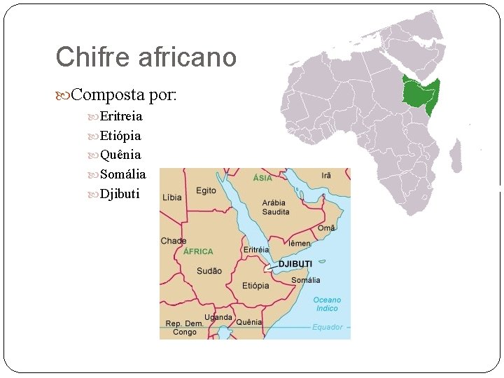 Chifre africano Composta por: Eritreia Etiópia Quênia Somália Djibuti 