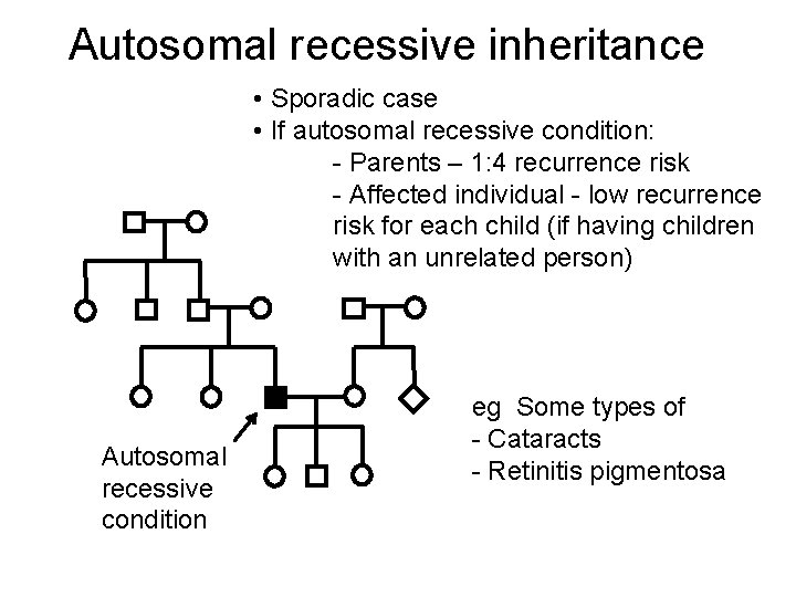Autosomal recessive inheritance • Sporadic case • If autosomal recessive condition: - Parents –