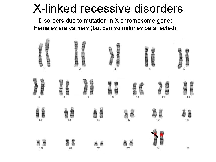 X-linked recessive disorders Disorders due to mutation in X chromosome gene: Females are carriers
