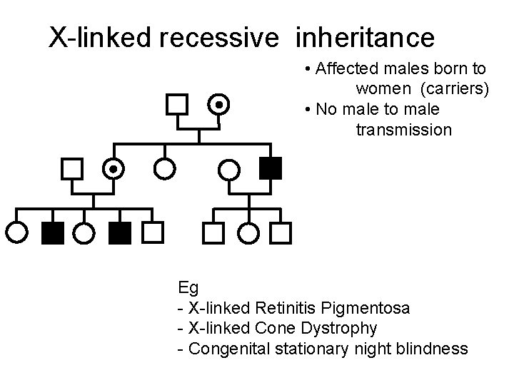 X-linked recessive inheritance • Affected males born to women (carriers) • No male transmission