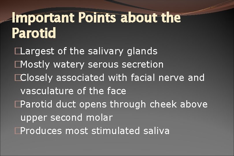 Important Points about the Parotid �Largest of the salivary glands �Mostly watery serous secretion