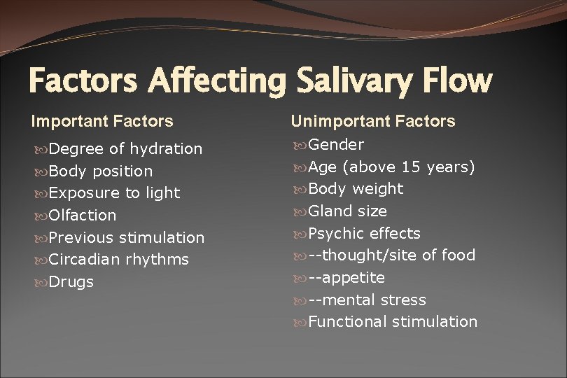 Factors Affecting Salivary Flow Important Factors Unimportant Factors Degree of hydration Body position Exposure