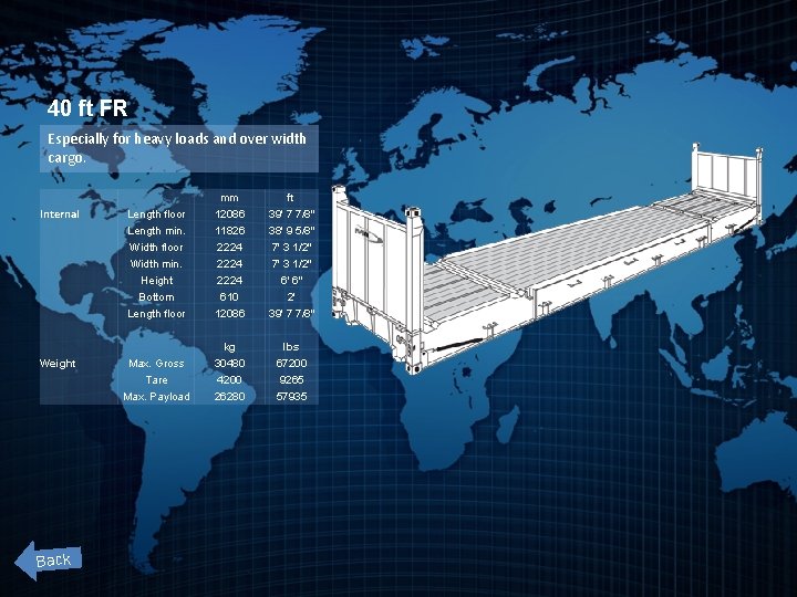 40 ft FR Especially for heavy loads and over width cargo. Internal Weight Back