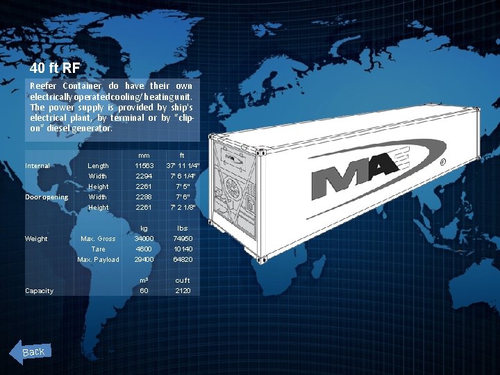 40 ft RF Reefer Container do have their own electrically operated cooling/ heating unit.