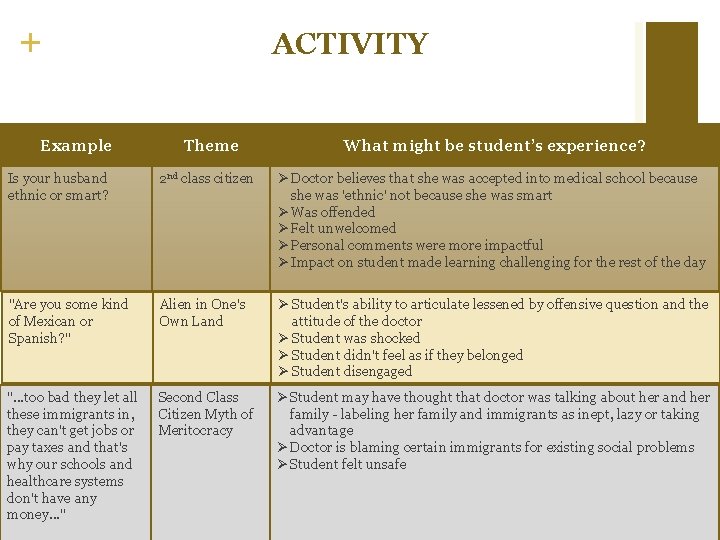 + Example ACTIVITY Theme What might be student’s experience? Is your husband ethnic or