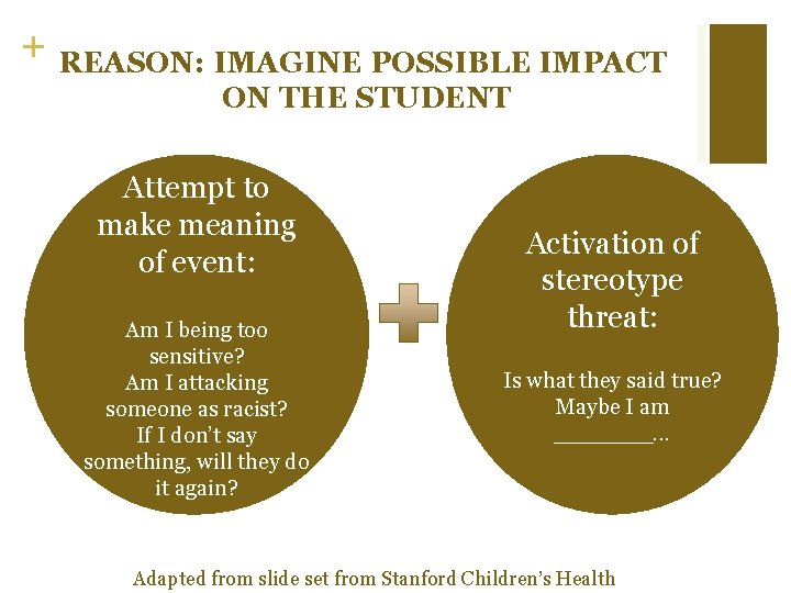 + REASON: IMAGINE POSSIBLE IMPACT ON THE STUDENT Attempt to make meaning of event: