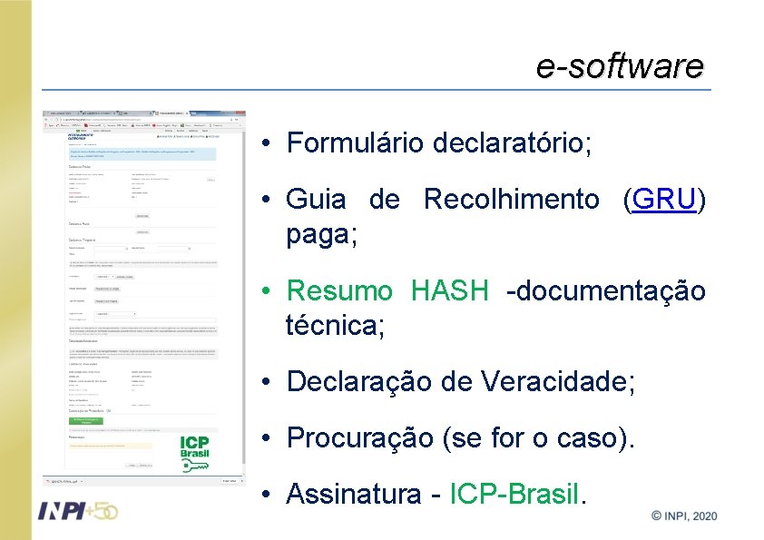 e-software • Formulário declaratório; • Guia de Recolhimento (GRU) paga; • Resumo HASH -documentação