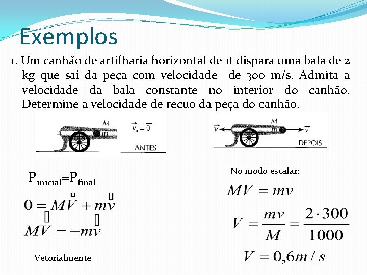 Exemplos 1. Um canhão de artilharia horizontal de 1 t dispara uma bala de