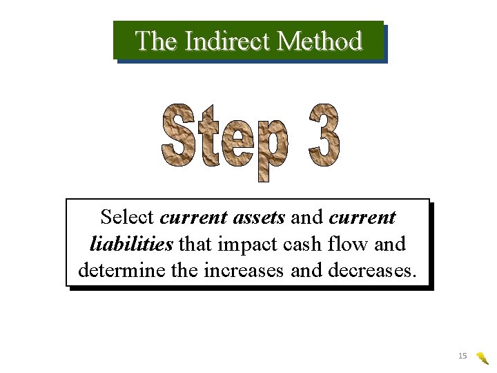 The Indirect Method Select current assets and current liabilities that impact cash flow and