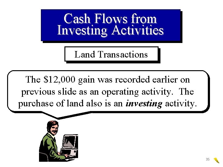 Cash Flows from Investing Activities Land Transactions The $12, 000 gain was recorded earlier