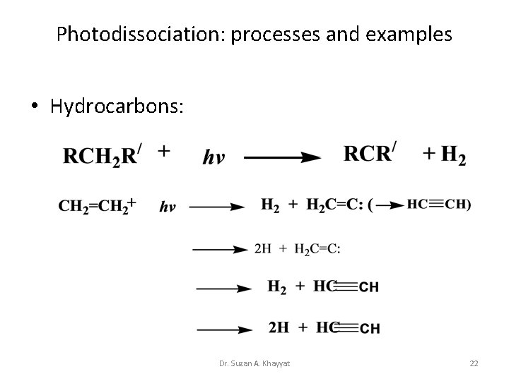 Photodissociation: processes and examples • Hydrocarbons: Dr. Suzan A. Khayyat 22 