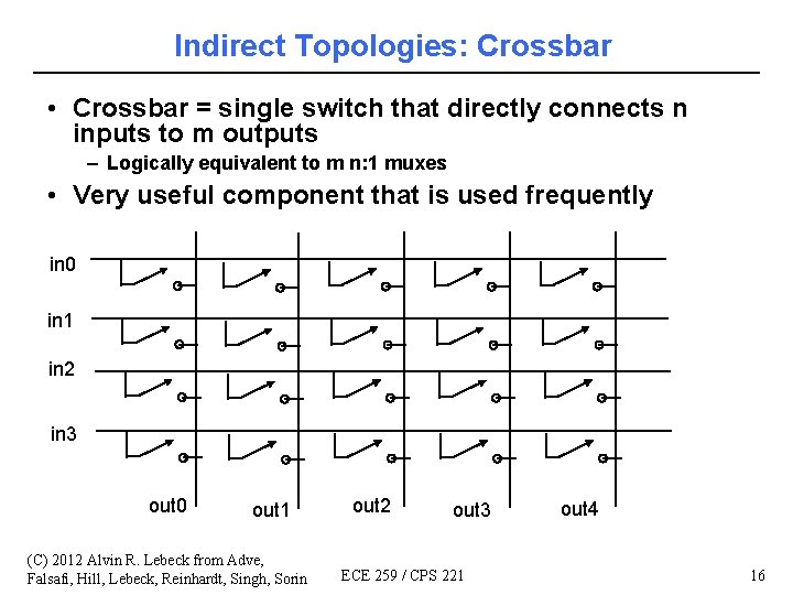 Indirect Topologies: Crossbar • Crossbar = single switch that directly connects n inputs to