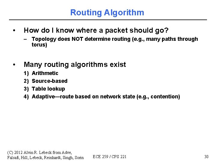 Routing Algorithm • How do I know where a packet should go? – Topology