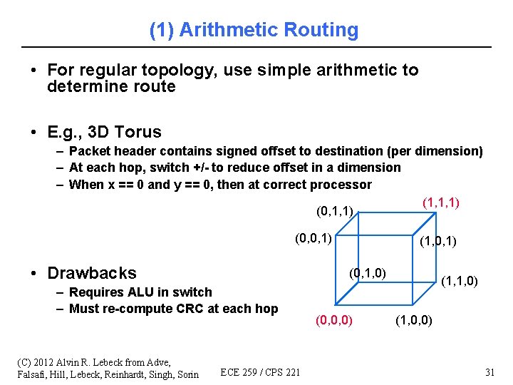 (1) Arithmetic Routing • For regular topology, use simple arithmetic to determine route •