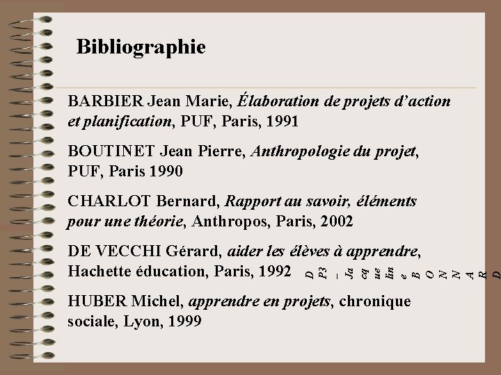 Bibliographie BARBIER Jean Marie, Élaboration de projets d’action et planification, PUF, Paris, 1991 BOUTINET