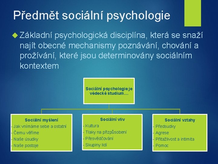 Předmět sociální psychologie Základní psychologická disciplína, která se snaží najít obecné mechanismy poznávání, chování