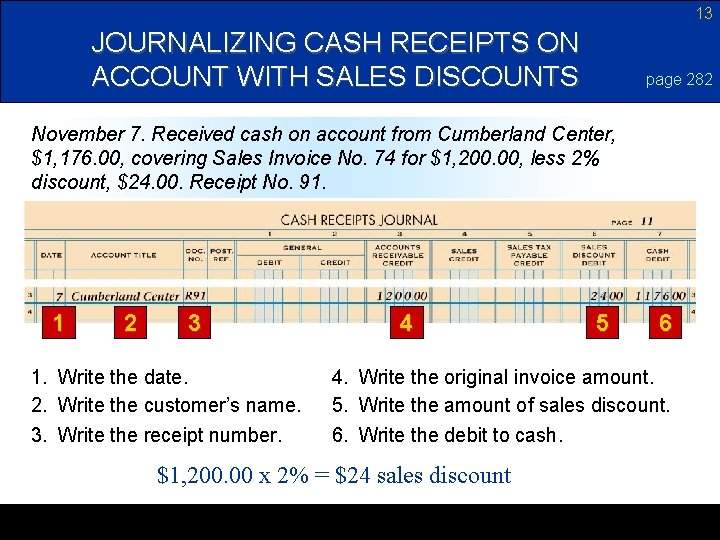 13 JOURNALIZING CASH RECEIPTS ON ACCOUNT WITH SALES DISCOUNTS page 282 November 7. Received