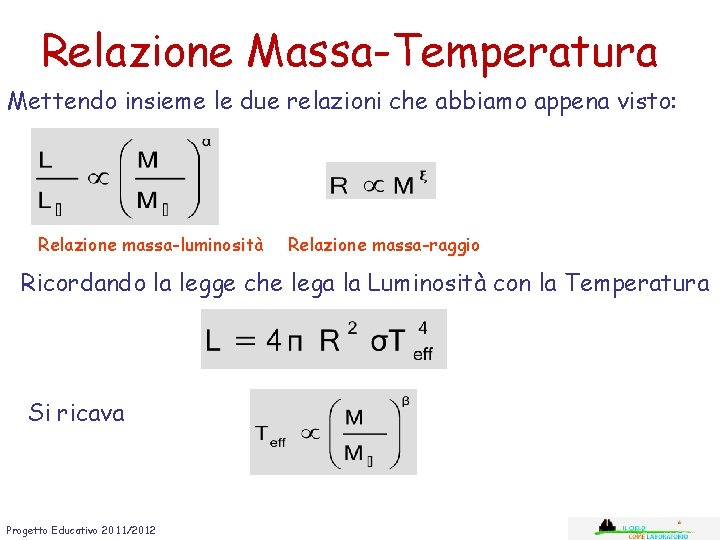 Relazione Massa-Temperatura Mettendo insieme le due relazioni che abbiamo appena visto: Relazione massa-luminosità Relazione