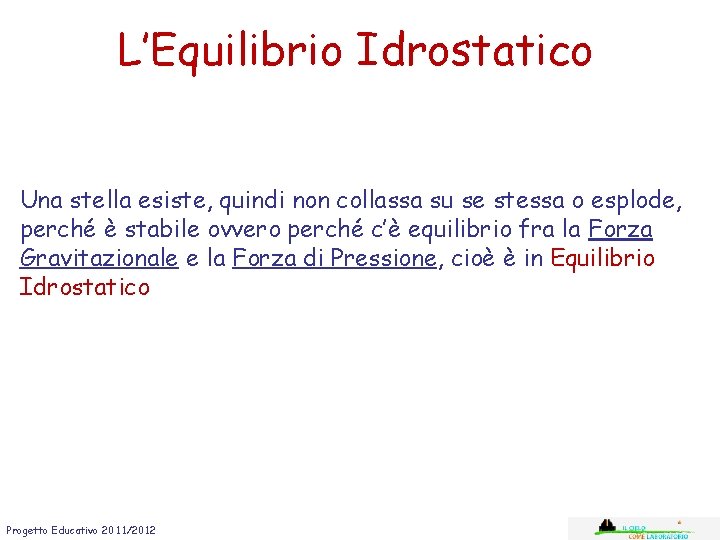 L’Equilibrio Idrostatico Una stella esiste, quindi non collassa su se stessa o esplode, perché