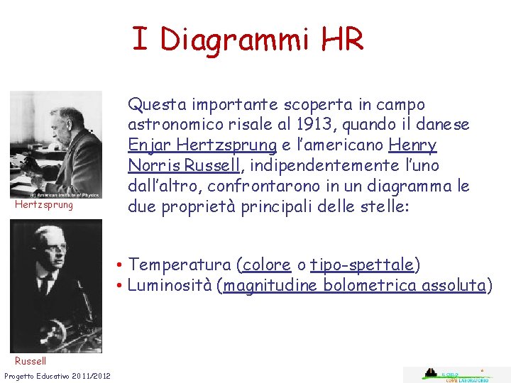 I Diagrammi HR Hertzsprung Questa importante scoperta in campo astronomico risale al 1913, quando I Diagrammi HR Hertzsprung Questa importante scoperta in campo astronomico risale al 1913, quando