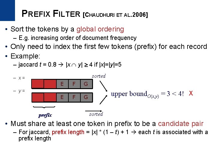 PREFIX FILTER [CHAUDHURI ET AL. 2006] • Sort the tokens by a global ordering