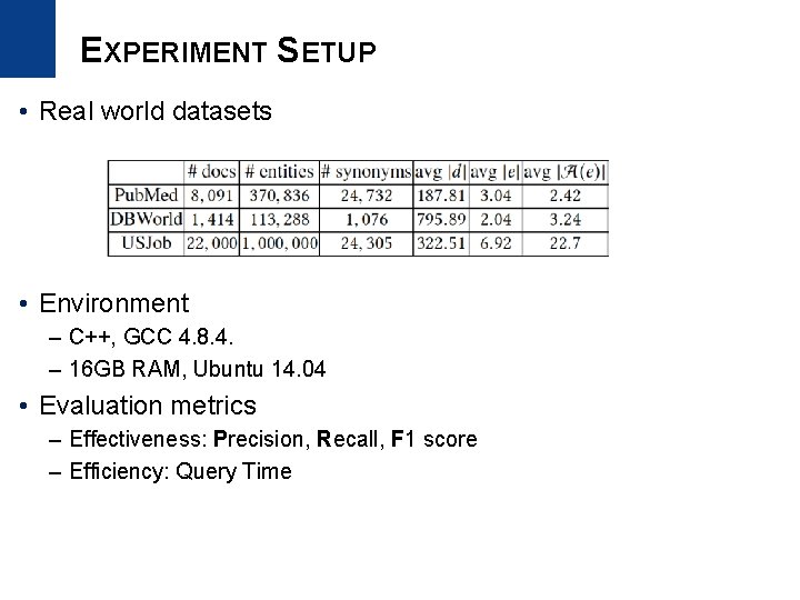EXPERIMENT SETUP • Real world datasets • Environment – C++, GCC 4. 8. 4.