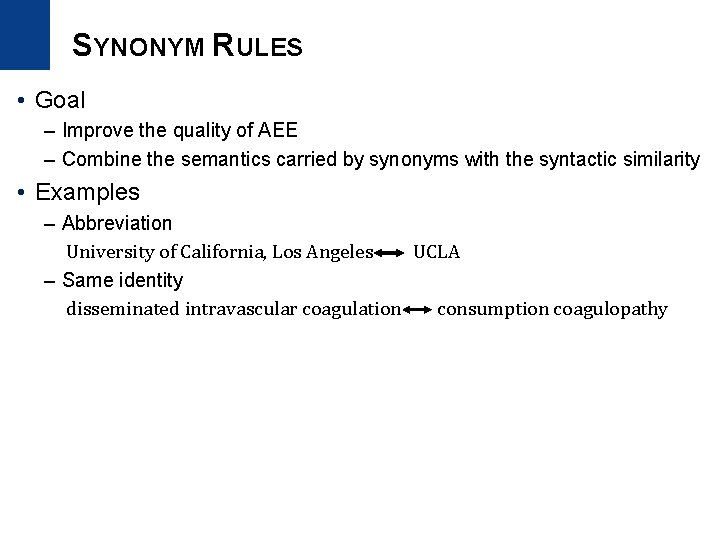 SYNONYM RULES • Goal – Improve the quality of AEE – Combine the semantics