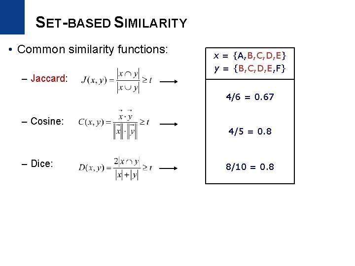 SET-BASED SIMILARITY • Common similarity functions: – Jaccard: x = {A, B, C, D,