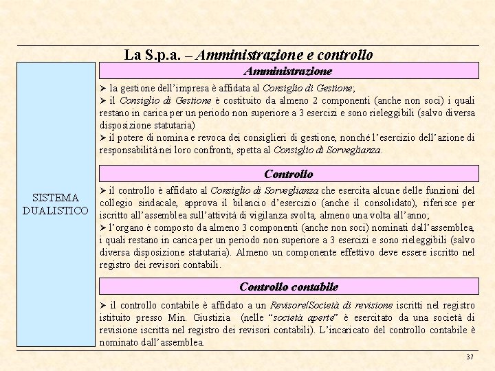 La S. p. a. – Amministrazione e controllo Amministrazione la gestione dell’impresa è affidata