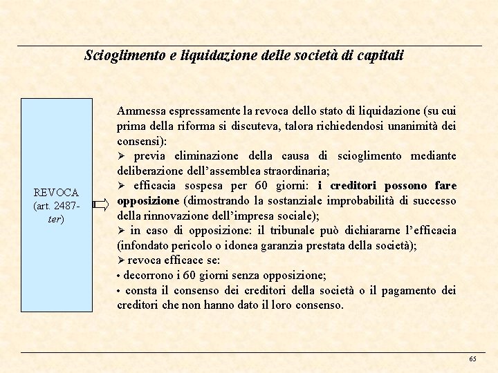 Scioglimento e liquidazione delle società di capitali REVOCA (art. 2487 ter) Ammessa espressamente la