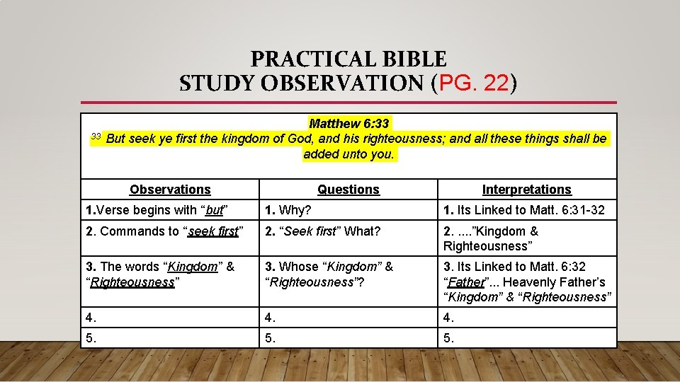 PRACTICAL BIBLE STUDY OBSERVATION (PG. 22) Matthew 6: 33 33 But seek ye first