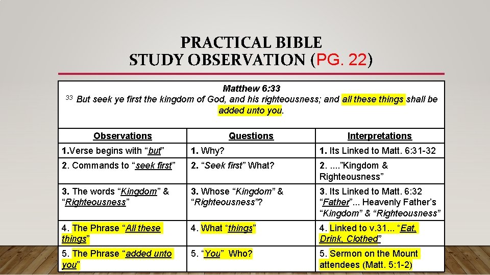 PRACTICAL BIBLE STUDY OBSERVATION (PG. 22) Matthew 6: 33 33 But seek ye first
