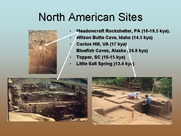 North American Sites • • • Meadowcroft Rockshelter, PA (16 -19. 5 kya). Wilson