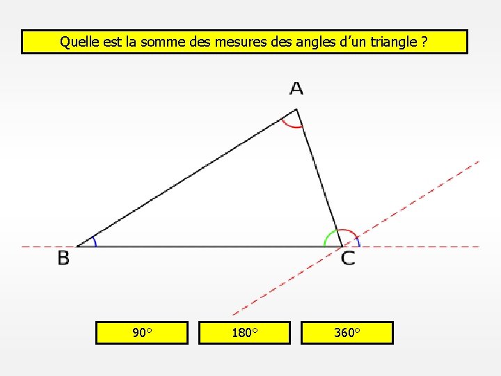 Quelle est la somme des mesures des angles d’un triangle ? 90° 180° 360°