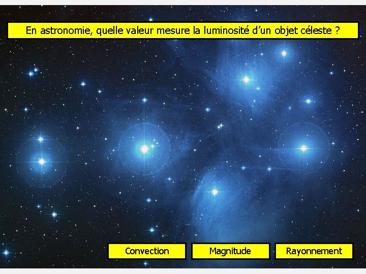 En astronomie, quelle valeur mesure la luminosité d’un objet céleste ? Convection Magnitude Rayonnement