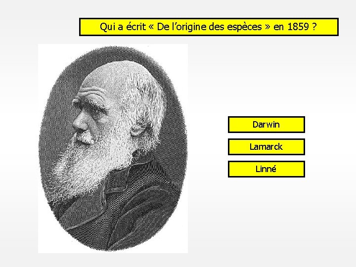 Qui a écrit « De l’origine des espèces » en 1859 ? Darwin Lamarck