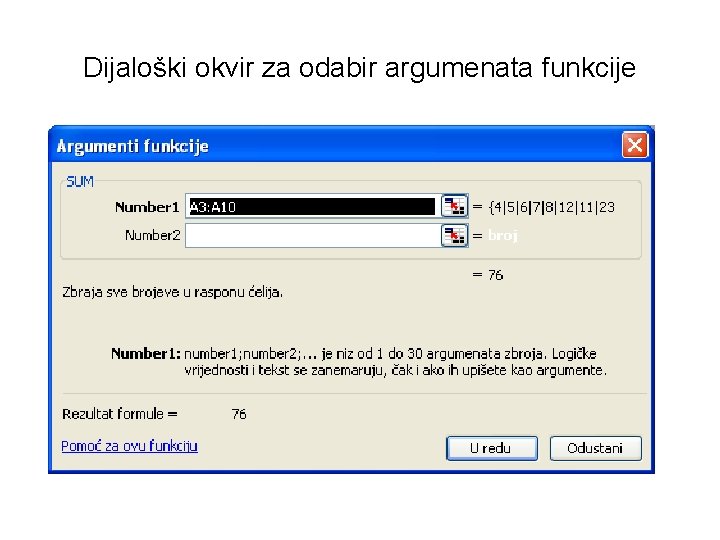 Dijaloški okvir za odabir argumenata funkcije 