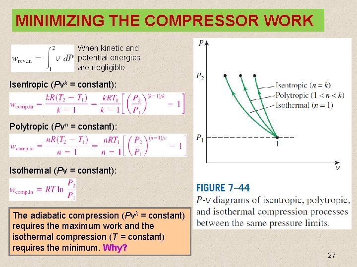 MINIMIZING THE COMPRESSOR WORK When kinetic and potential energies are negligible Isentropic (Pvk =